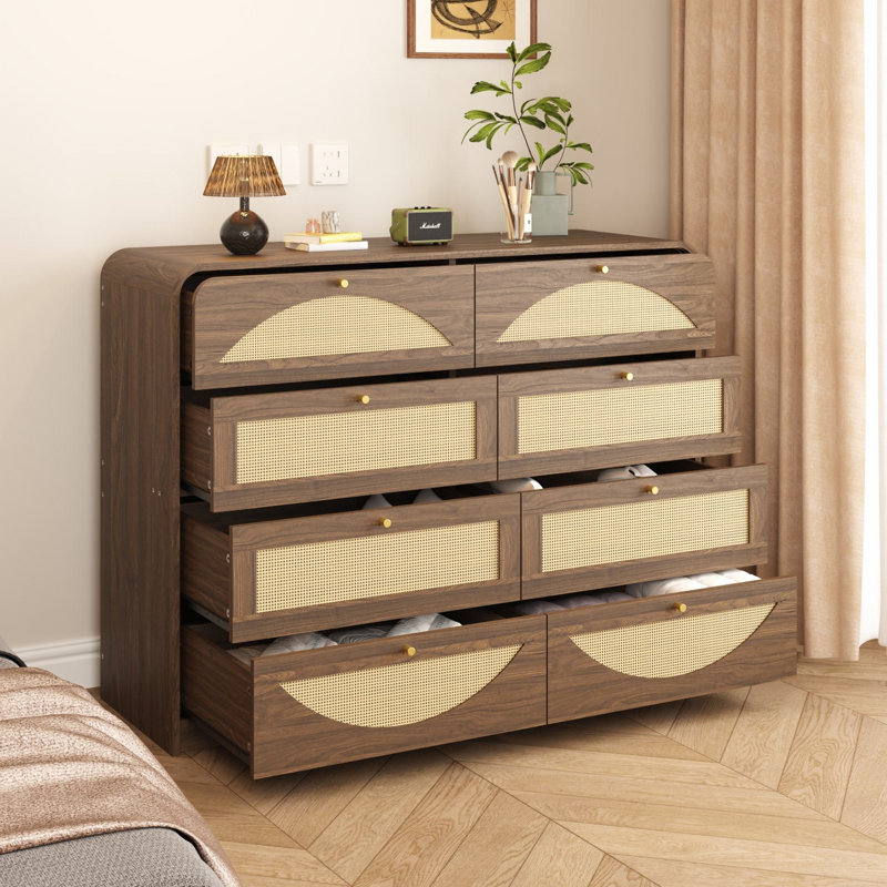 47.2'' 8‑Drawer Sideboard Buffet Storage Cabinet With Rattan Front For Bedroom Living Room, Walnut