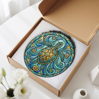Sea Turtle Stained Glass Window Panel，12"H