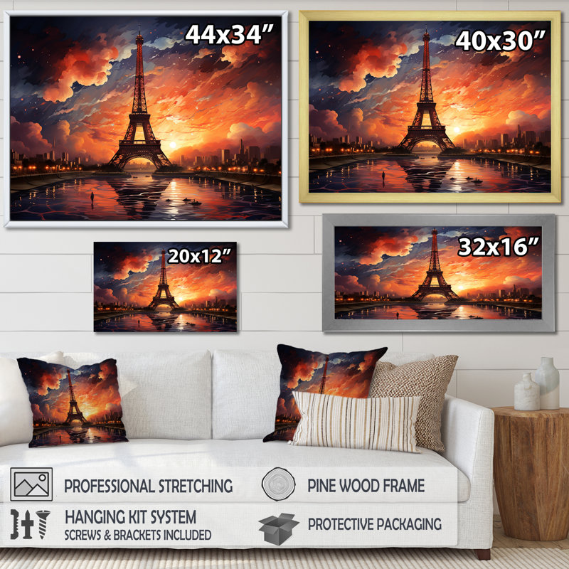 «Majestic Sunset by The Eiffel Tower In Paris», reproduction sur toile, H 24 po x l 32 po x P 1 po, Cadre simple blanc