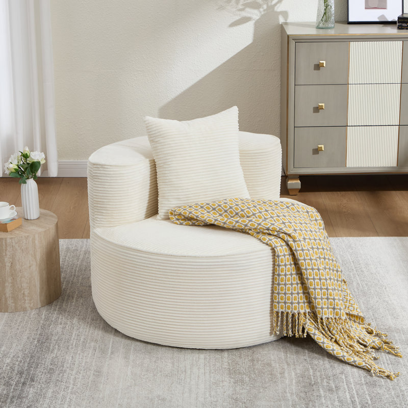 Fauteuil demi-tonneau rond en velours côtelé de 35,4 po Brigitte, Blanc, crème