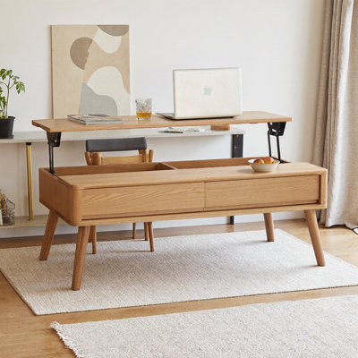 Natural Solid Oak Wood Lift-Top Coffee Table with Storage Shelf, Adjustable Height Center Table for Living Room, Home Office Desk & Dining, Triangular