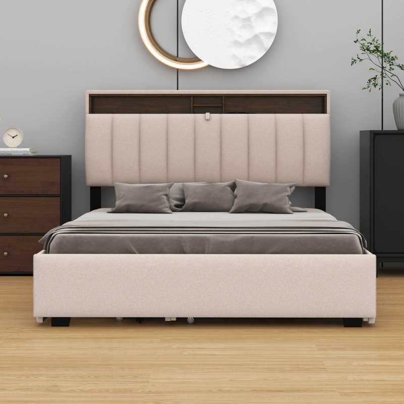 Lit plateforme tapissier en lin - tête de lit, lit gigogne, 2 tiroirs et prises USB, Beige, Lit double