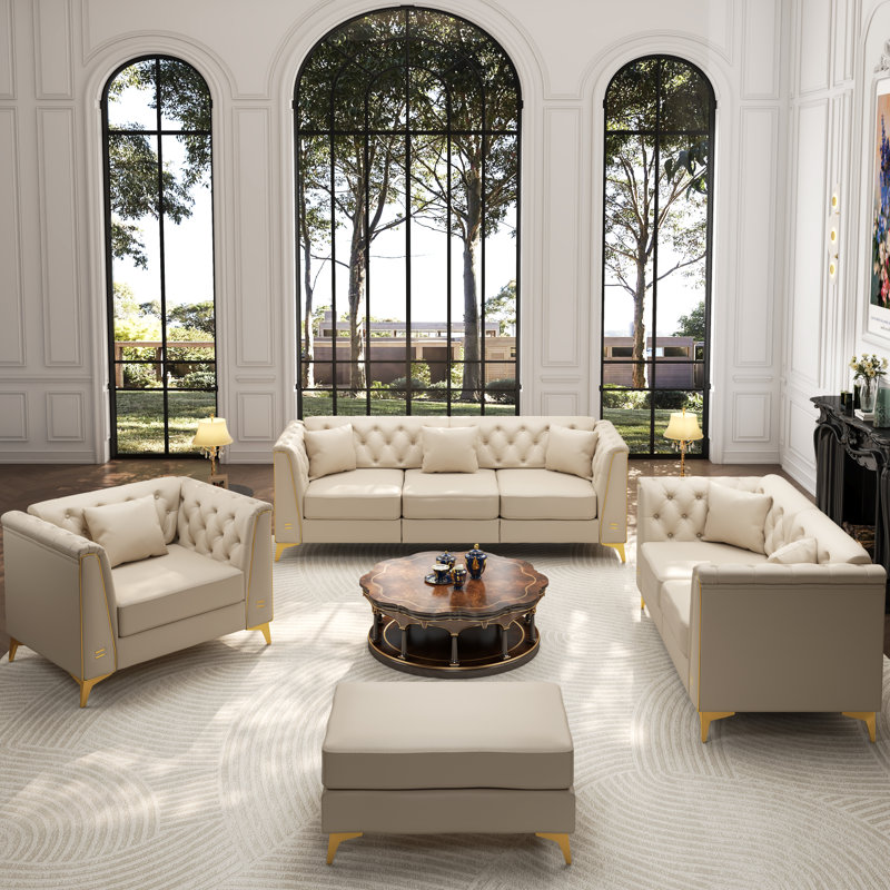 Ensemble de canapés luxueux 4 pièces Chesterfield, 4 Pieces: Chair, Loveseat, Sofa, Ottoman, Beige