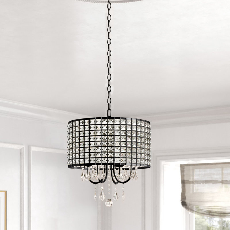 Lustre cylindrique unique à 4 lumières avec accents de cristal Armenio, H 15 po x l 17 po x P 17 po, Noir/transparent, Noir