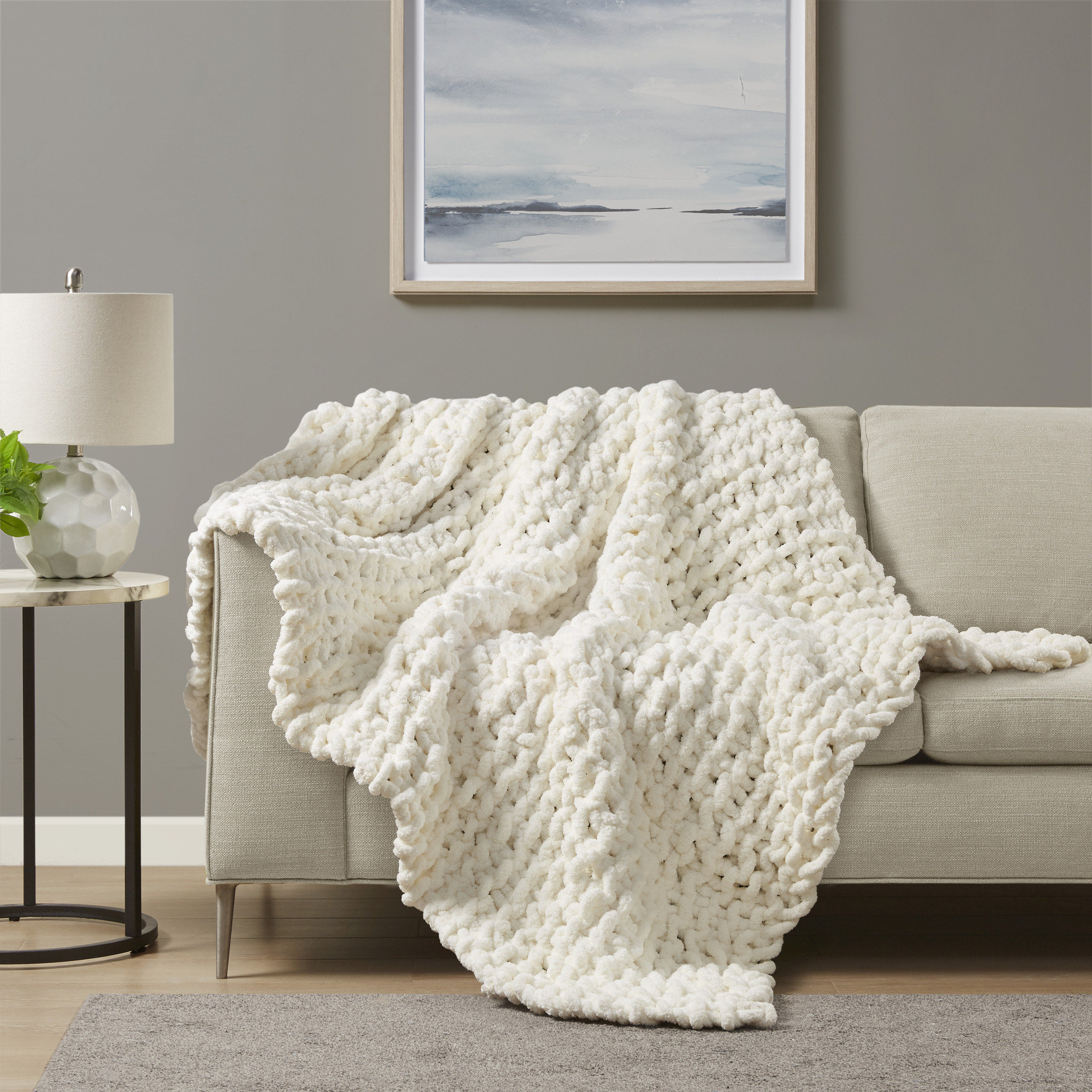 Chenille Chunky Knit Luxurious Soft Handmade Throw, Ivory