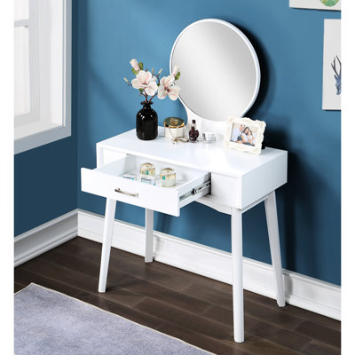 Modern White Vanity And Stool By - Solid Rubberwood Frame With Matching Enhance Your Dressing Area Contemporary , Elegant For Living Decor Table Drawer Round Mirror Included