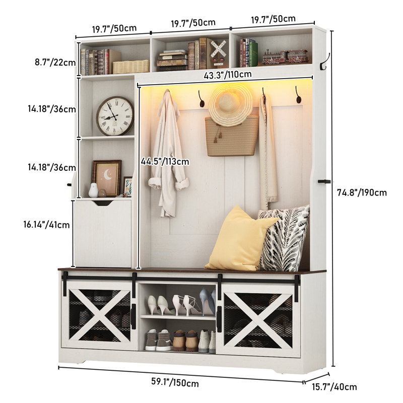 75 Inch Tall LED Hall Tree, Mudroom Storage Cabinet with Bench, Coat Rack, Shoe Cubbies and Umbrella Holder, White