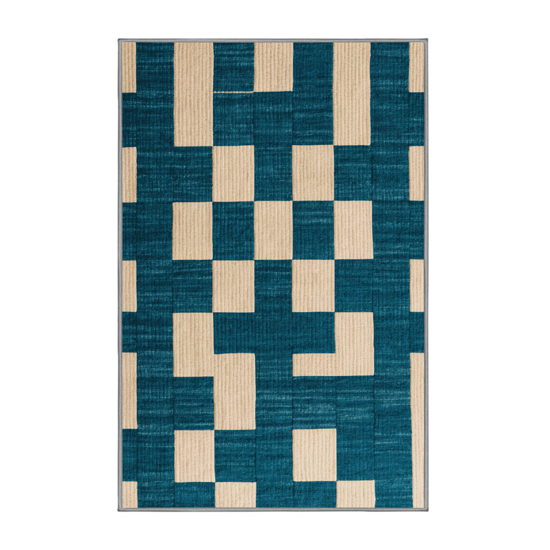Machine Washable Checkered Green Area Rug