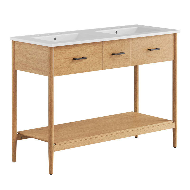 Modway Zaire 48'' Double Bathroom Vanity with Ceramic Top, Natural, White