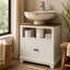 Meuble sous-lavabo blanc avec étagères de rangement, style ferme moderne