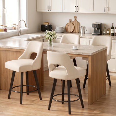 Tabouret de comptoir pivotant revêtu de lin Nora avec structure et repose-pieds en bois massif noir