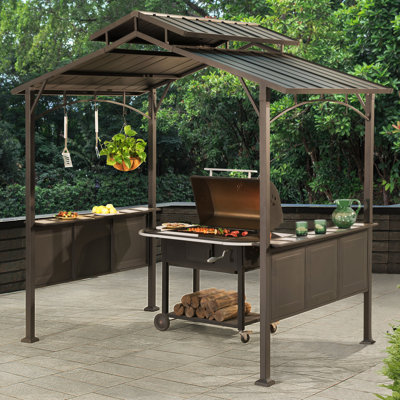 Sunjoy Kent Grill Gazebo 5 ft. x 8 ft. Brown Steel Frame Double Tiered Hardtop Gazebo with Hook