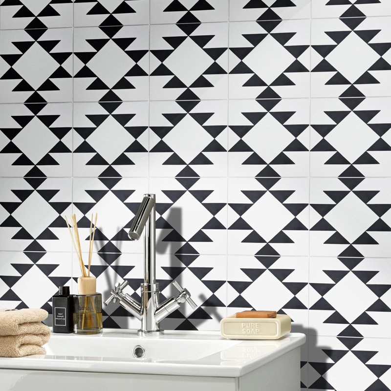 Rissani 8" x 8" Cement Patterned Wall & Floor Tile, White/Black