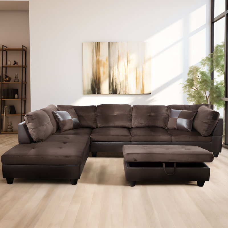 Modern Upholstery Sectional Sofa L-Shape Sofa Convertible PVC Couch Sofa with Ottoman Chaise, Dark Brown Linen Blend