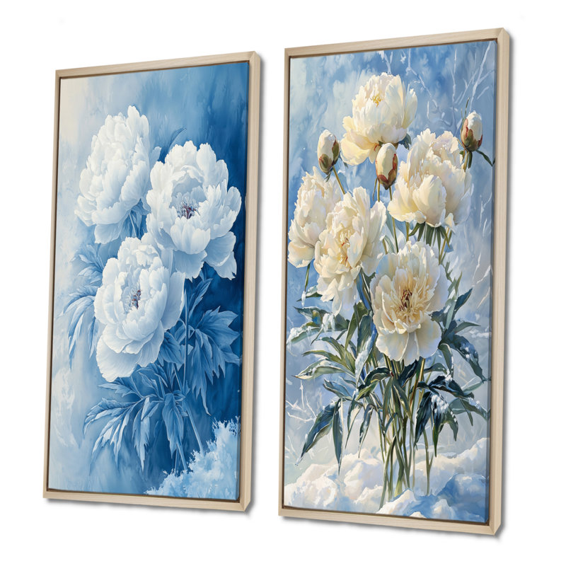 Pivoines givrées «Frost Kissed» - Collection de 2 panneaux de toiles florales, Cadre crème crème, H 28 po x l 25 po