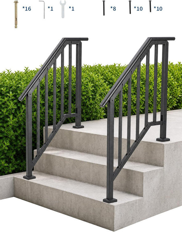 2 mains courantes réglables pour 1 ou 2 marches extérieures, rampe d'escalier en fer forgé avec balustres, noir, 500 lb