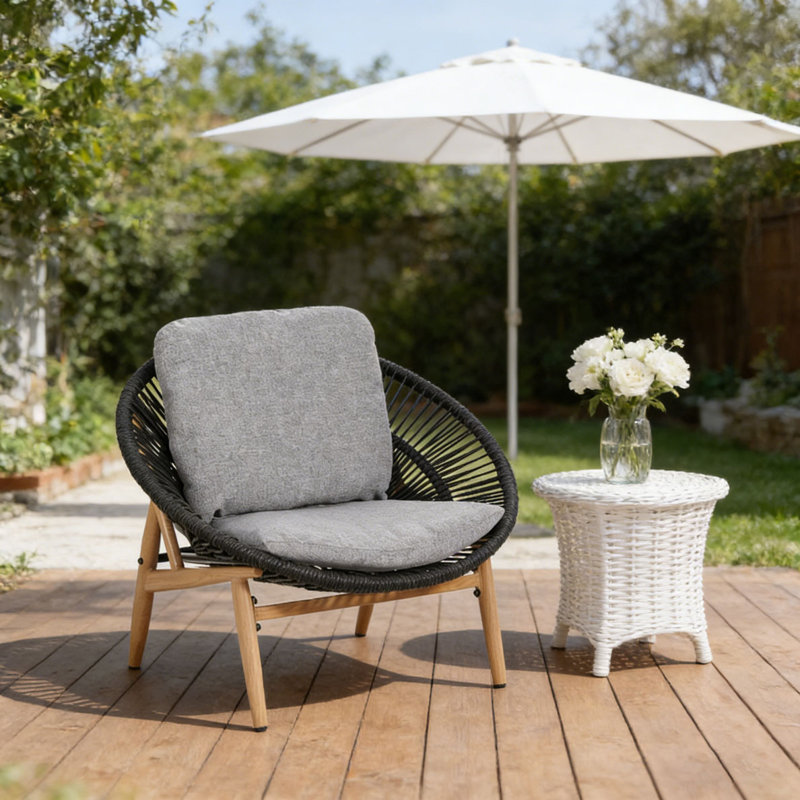 Chaise longue d'extérieur en osier, blac-1, Gris