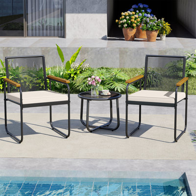 3 PCS Patio Furniture Set with Round Tempered Glass Top Table Armrests & Cushions