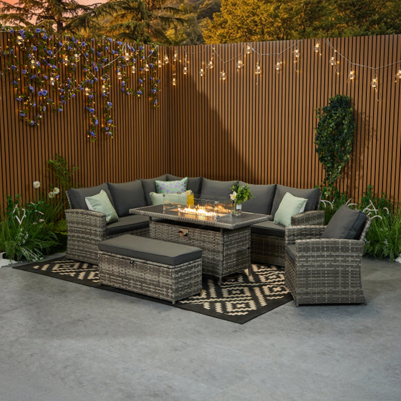 Rosen 9 Seater Corner Sofa Set With Fire-pit Dining Table With Storage Box And Armchair& Rain Cover, Grey