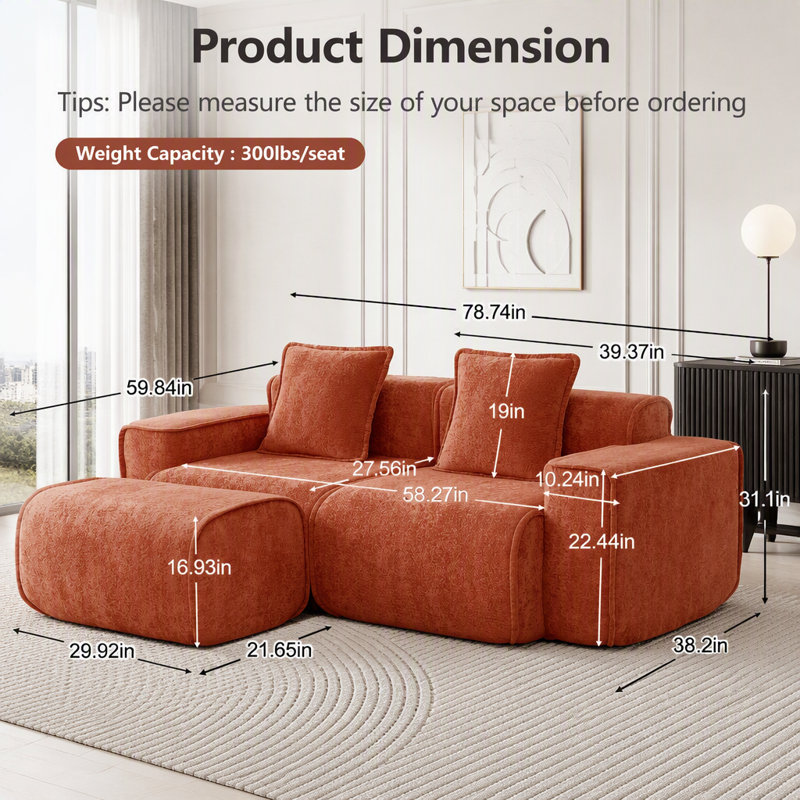 Canapé modulaire en L sans siège avec repose-pieds et sans assemblage, 2-Seater & 1-Ottoman, Red