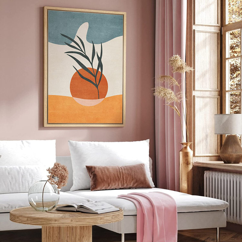 «Mid Mid Century Shape Art» Mid-Century Sunlight Palm Leaf Abstract Geometric Illustration - Floater Frame, impression sur toile