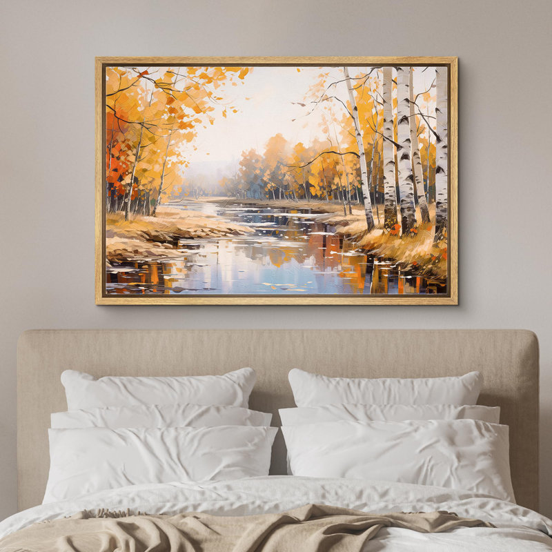 Autumn Fall " Forest River In Autumn ", Natural Floater Frame, 16" H x 24" W