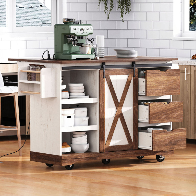 55.5" Farmhouse Kitchen Island With Drop Leaf, Kitchen Storage Island With Barn Door, Power Outlet, Rolling Kitchen Cart On Wheels With Spice Rack, For Home, Kitchen, Dining Room
