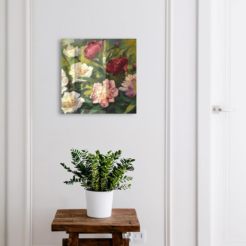Decorative key box for wall, Opens to the left, 30x30x5, Black, Peonies in full bloom against a green background, 