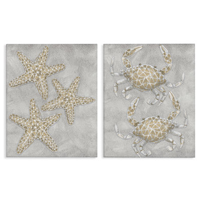 Ensemble de 2 toiles grises avec dessin d'étoiles de mer et de crabe, conception de Patti Bishop
