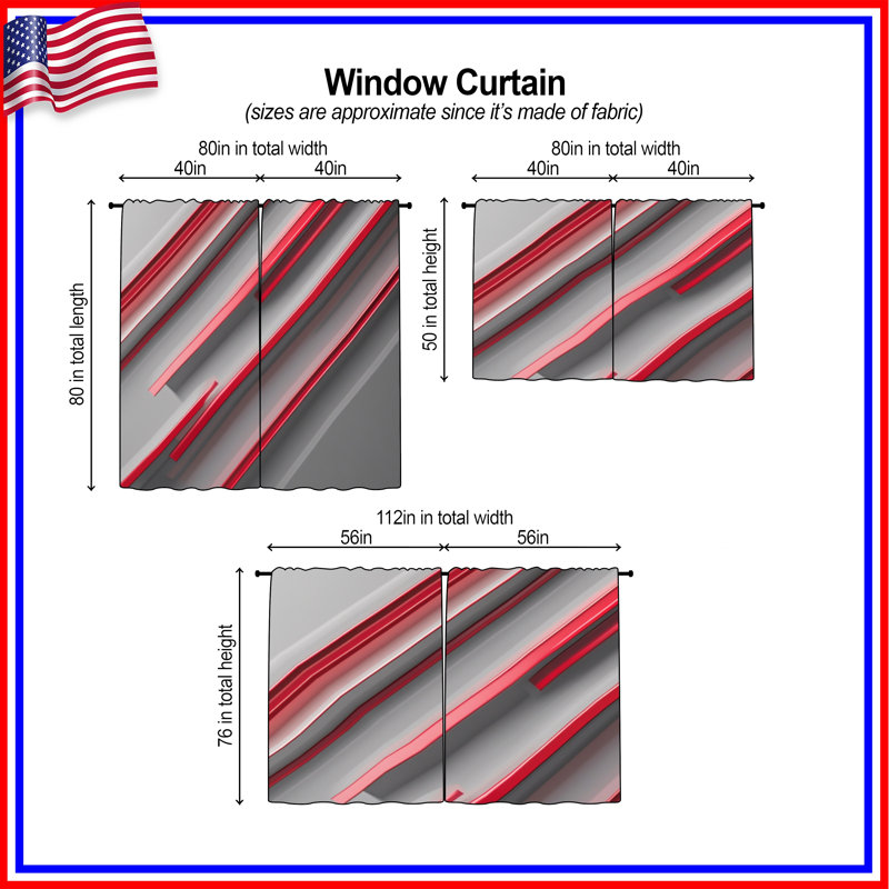 Rideaux de fenêtre Red Gray Lines - 2 panneaux, 20 po x 50 po - 2 panneaux, Transparent