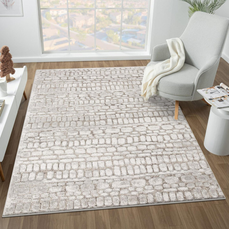 Tapis moderne à formes géométriques, Champignon, 9 x 12