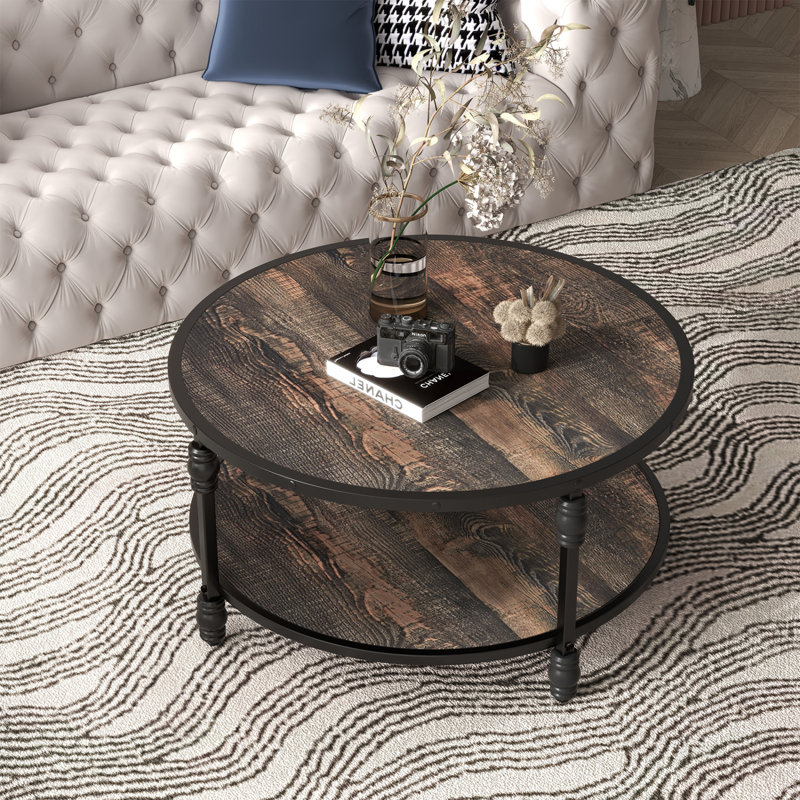 Table basse ronde à 2 niveaux de 34 pouces avec tablette de rangement, brun clair, H 18,3 po x l 30,5 po x P 30,5 po