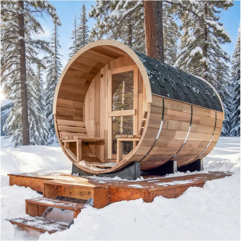 Hylivesaunas Outdoor Wood Barrel Sauna Room, 6-8 Person Canadian Red Cedar Garden Traditional Wooden Saunas with Porch, Steam Spa with ETL- Certified 6kw Heater, Rocks, Water Bucket, Light,195℉ US Instock