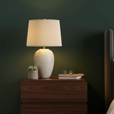 23.1-Inch Vintage Cream/Beige Rustic Ceramic Bowl Lamp With Ivory Lampshade. Suitable For Bedrooms, Living Rooms, Dining Rooms, And Offices.