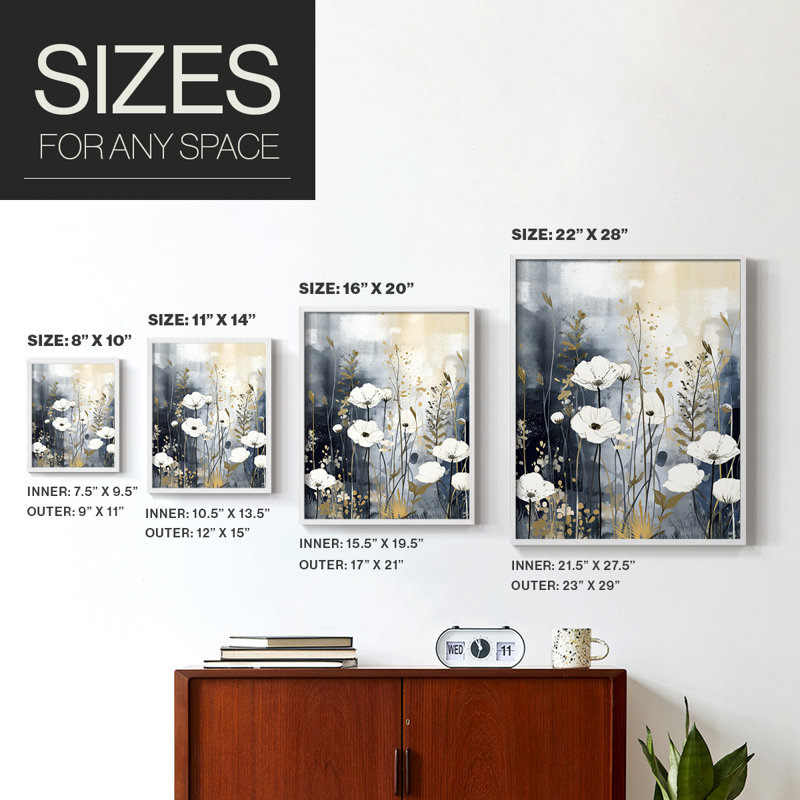 FLORAL Series CCCCLXXI - Impression encadrée de qualité supérieure - Prêt à être accroché - Aucun clou requis, Blanc