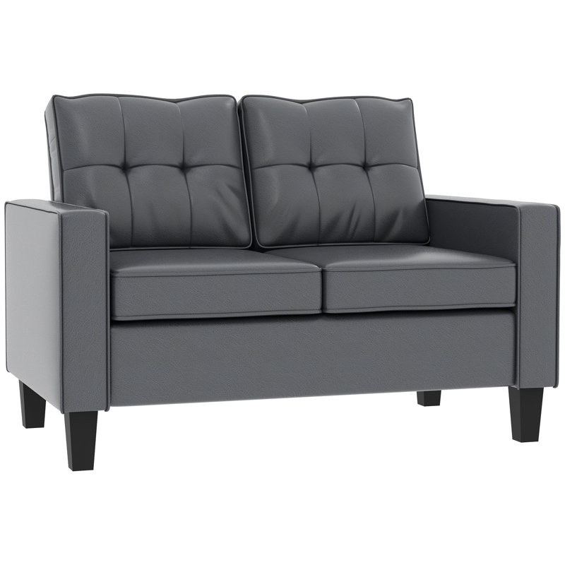 Canapé deux places en similicuir gris de 130 cm (51 po) avec accoudoirs et dossier capitonné.