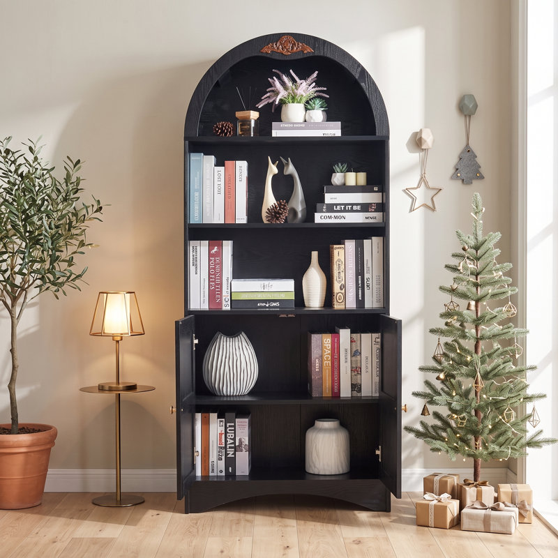 Armoire de rangement arquée Bargamin avec appliques décoratives et tablettes réglables, Noir