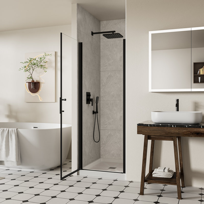 28-29.4" W x 72" H Frameless Pivot Shower Door, 1/4" (6mm) Clear SGCC Tempered Glass Shower Door, Pivot Swing Shower Glass Door in Matte Black Finish, Reversible Installation