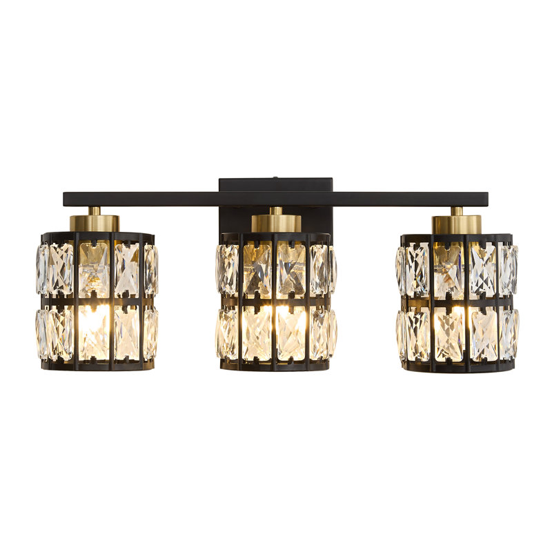 Luminaire de salle de bain à 3 lumières à intensité variable avec abat-jour cylindrique en cristal Arkin, Noir mat / Or