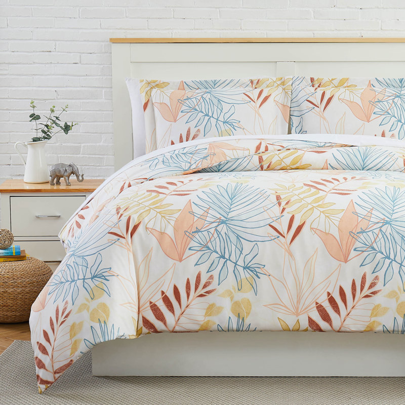 Tropic Leaf oversized duvet cover set, Full Duvet Cover + 2 Full Pillow Shams, Blue