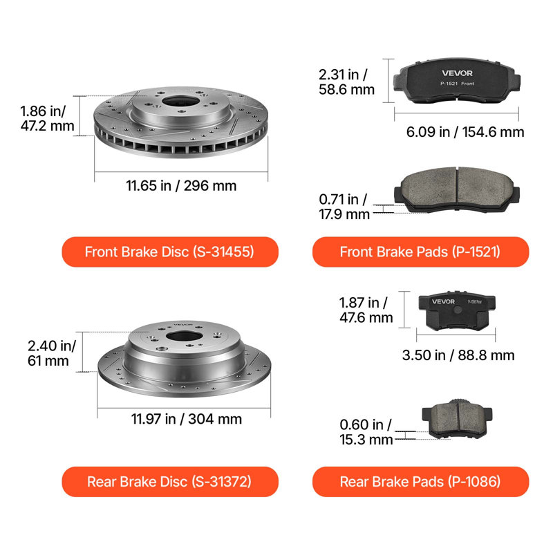 Ensemble de freins avant et arrière compatible avec le modèle CR-V (AWD) de 2012-2016, les rotors de frein percés et rainurés en fonte, le kit de remplacement des plaquettes de frein en céramique, les rotors avant de 11,65 po et les rotors arrière de 12 po