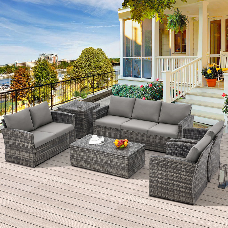 Aun 7 - Person Patio Conversation Set with Cushions, Gray, Gray
