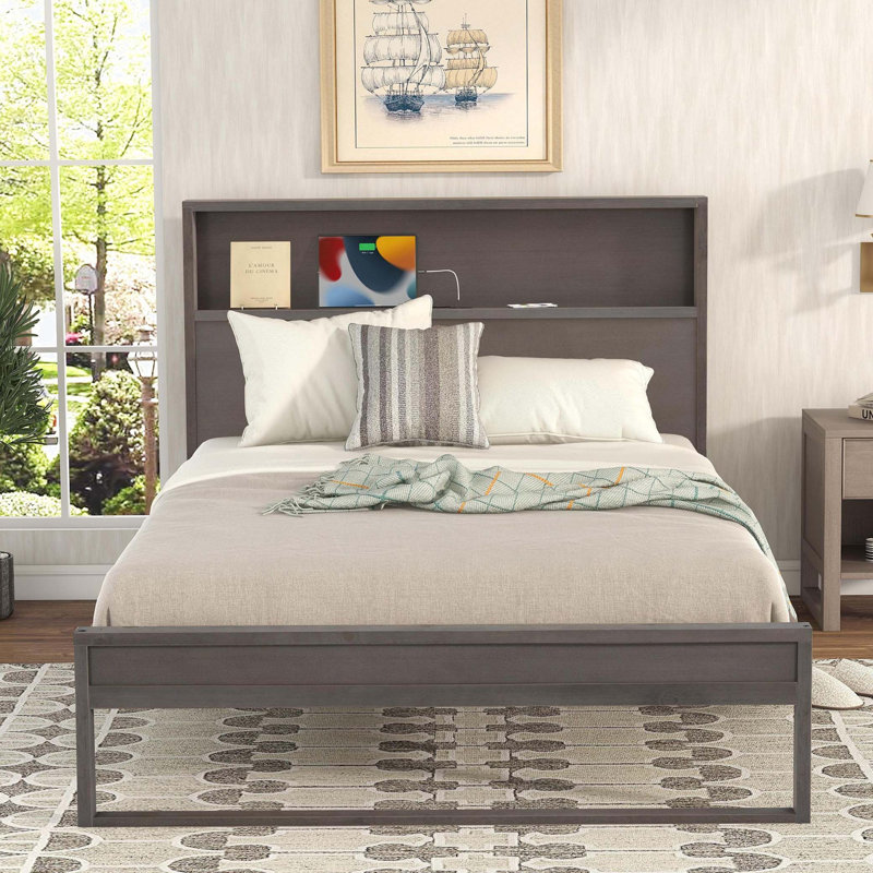 Platform Bed with Storage Headboard,Sockets and USB Ports,Storage Bed,Bed Frame, Antique Gray, Full