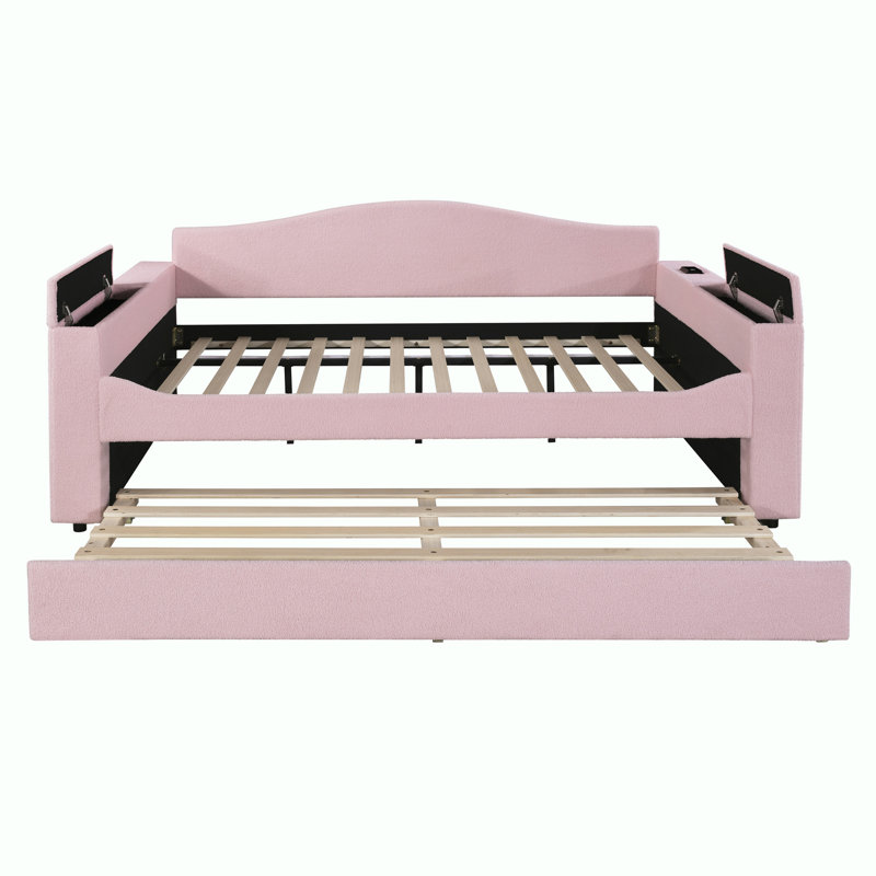 Lit de jour rembourré en peluche avec accoudoirs de rangement, couchette et système audio Bluetooth , Double, Rose