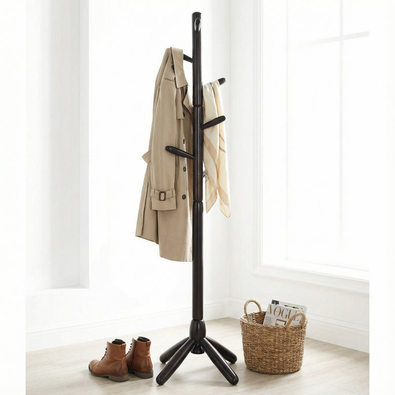 Demetri Solid Wood Freestanding 5 - Hook Coat Rack, Walnut