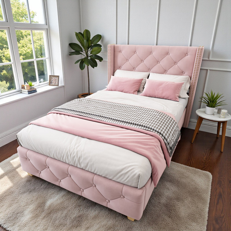 Velvet Upholstered Bed With Slatted Frame And Headboard Button And Rivet Upholstery, Pink, Single (3')
