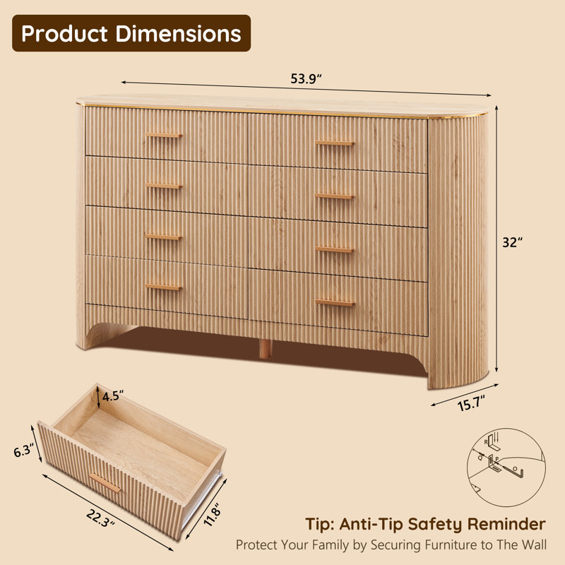 Modern 8 Drawers Dresser for Bedroom, 54" Wide Dressers & Chest of Drawers w/Curved Profile Design, Natural Oak, Natural
