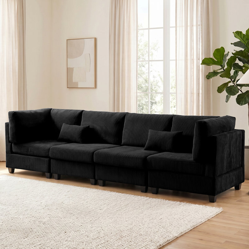 126.8" Comfy Cloud Couch Modular Sectional Sofa 4 Pieces Wide & Deep Seat Couches With Pillows, Black Corduroy