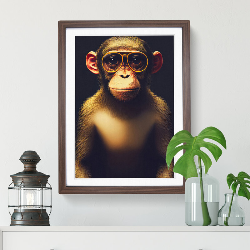 Monkey In Glasses No.3 - Framed Print, 46cm H x 34cm W, Brown
