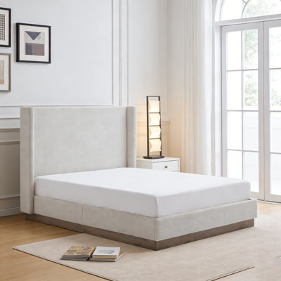 Lit à oreilles tapissier Hosford avec tête de lit haute, design rustique minimaliste, aucun sommier tapissier requis